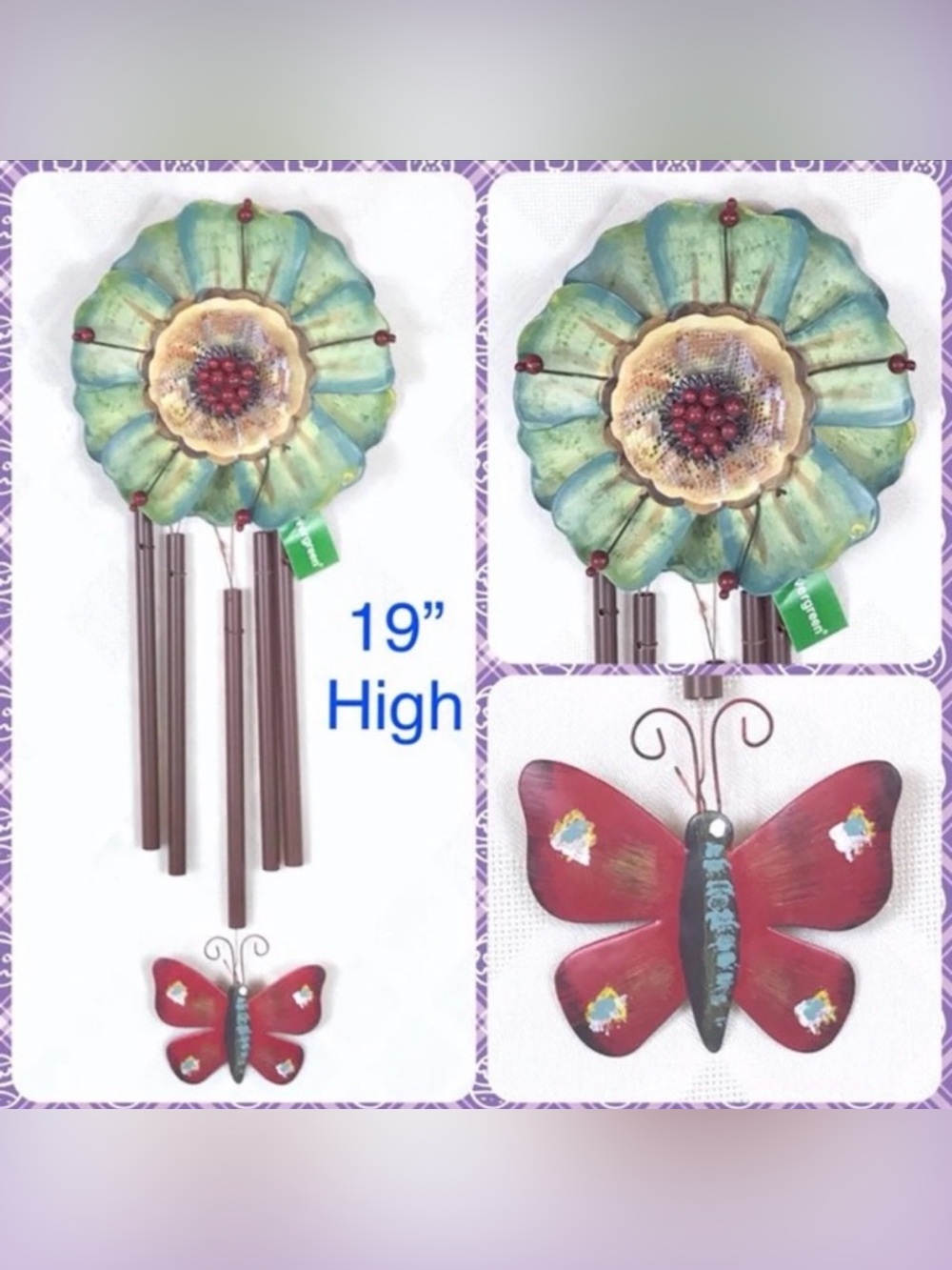 NEW 19” Long Hand Painted FLOWER METAL WIND CHIME Windchime Wall Decor Folk Art